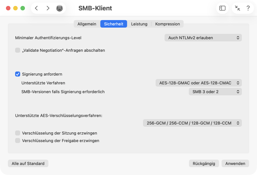Einstellungen für SMB-Sicherheit
