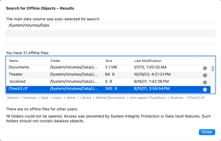 Result list for offline files