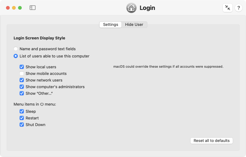 Login screen settings