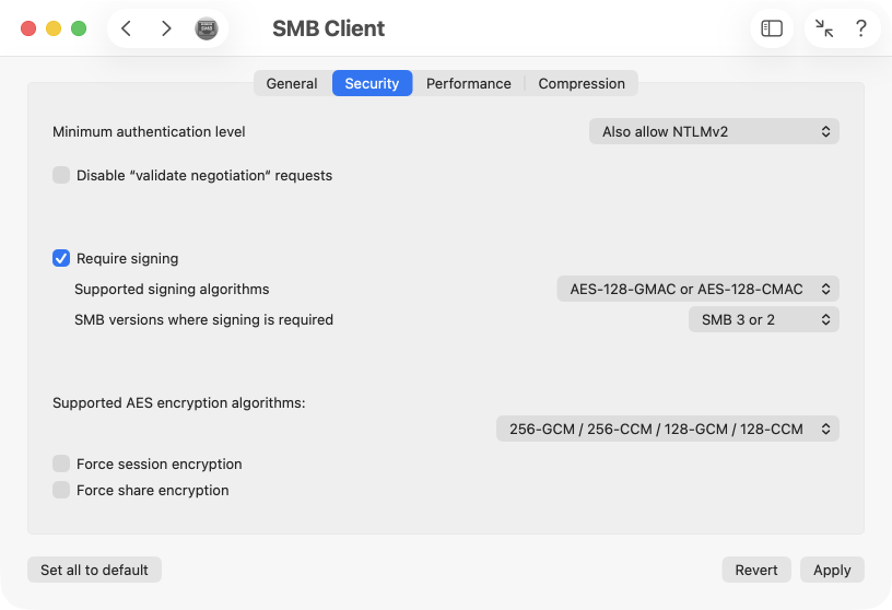 Settings for SMB security