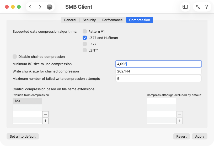 Settings for SMB data compression