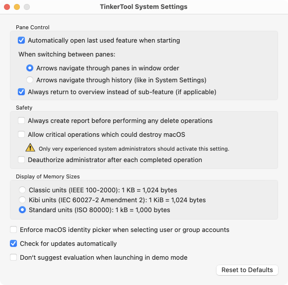 The settings window