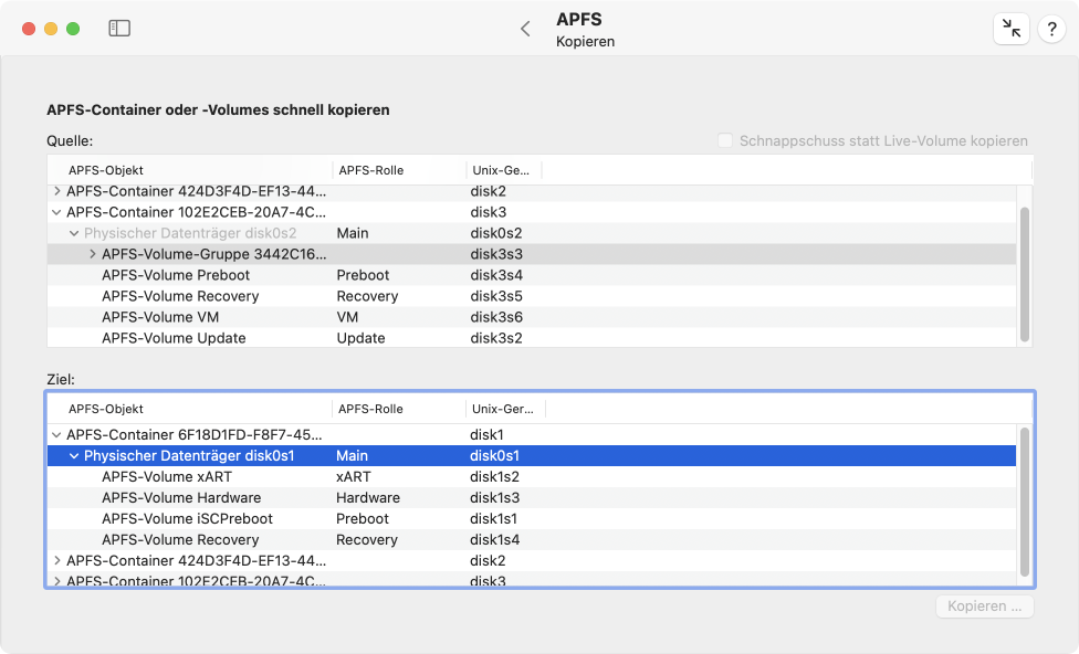 APFS-Objekte lassen sich besonders schnell kopieren