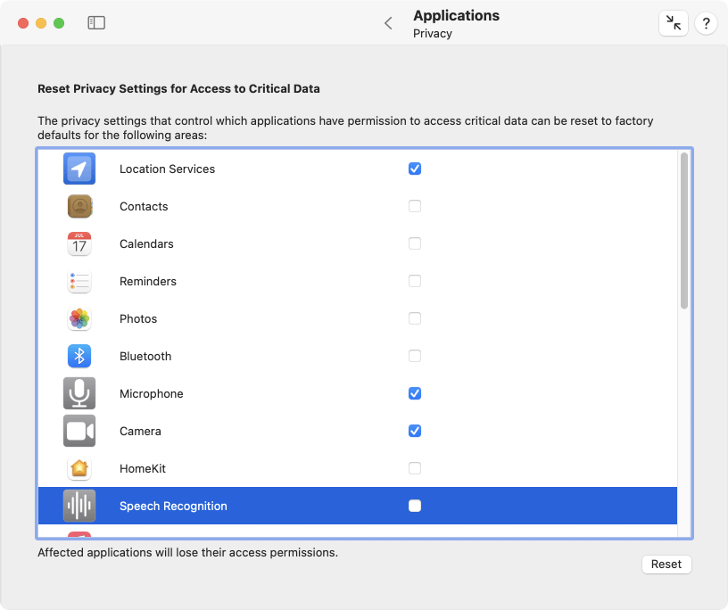 Reset application privacy settings