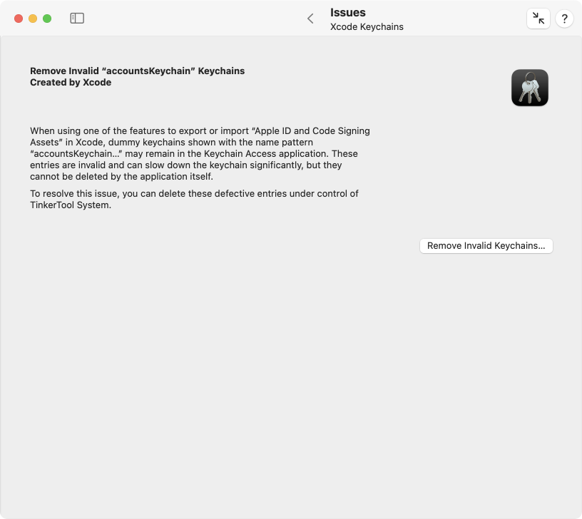 Invalid keychains created by Xcode can be removed