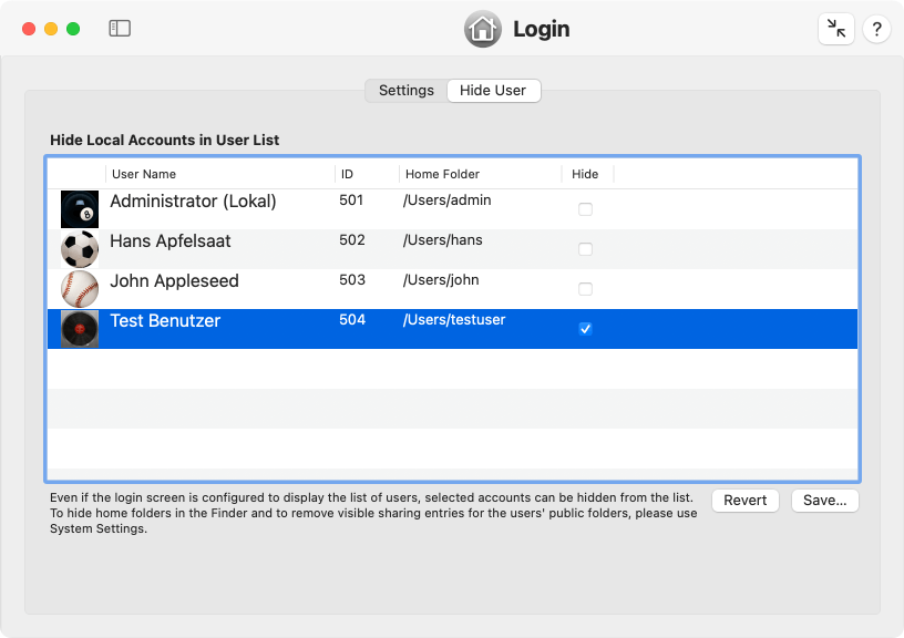 Hide accounts in the login list of users