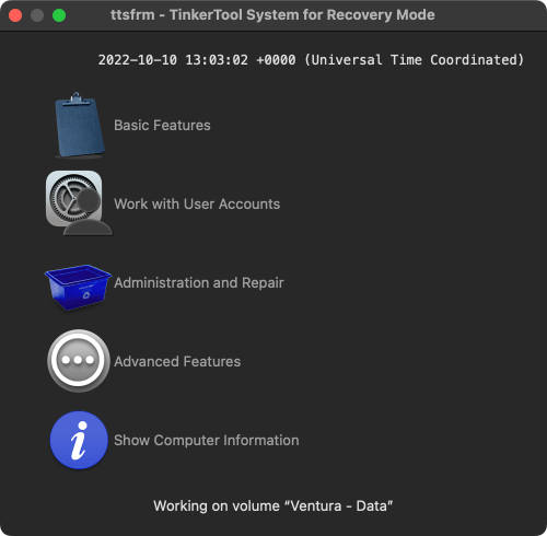 The main menu of TinkerTool System for Recovery Mode (ttsfrm