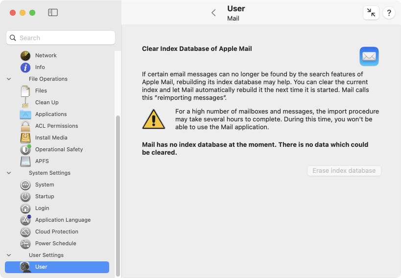 Clear index database of Apple Mail