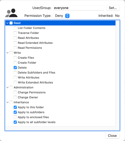 By using Access Control Lists (ACLs), macOS can
                specify exact rights in detail.