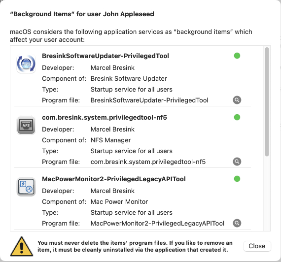 TinkerTool System 8
                can analyze and explain the confusing list of
                ”Background Items” shown by the Login Items pane of
                System Settings.